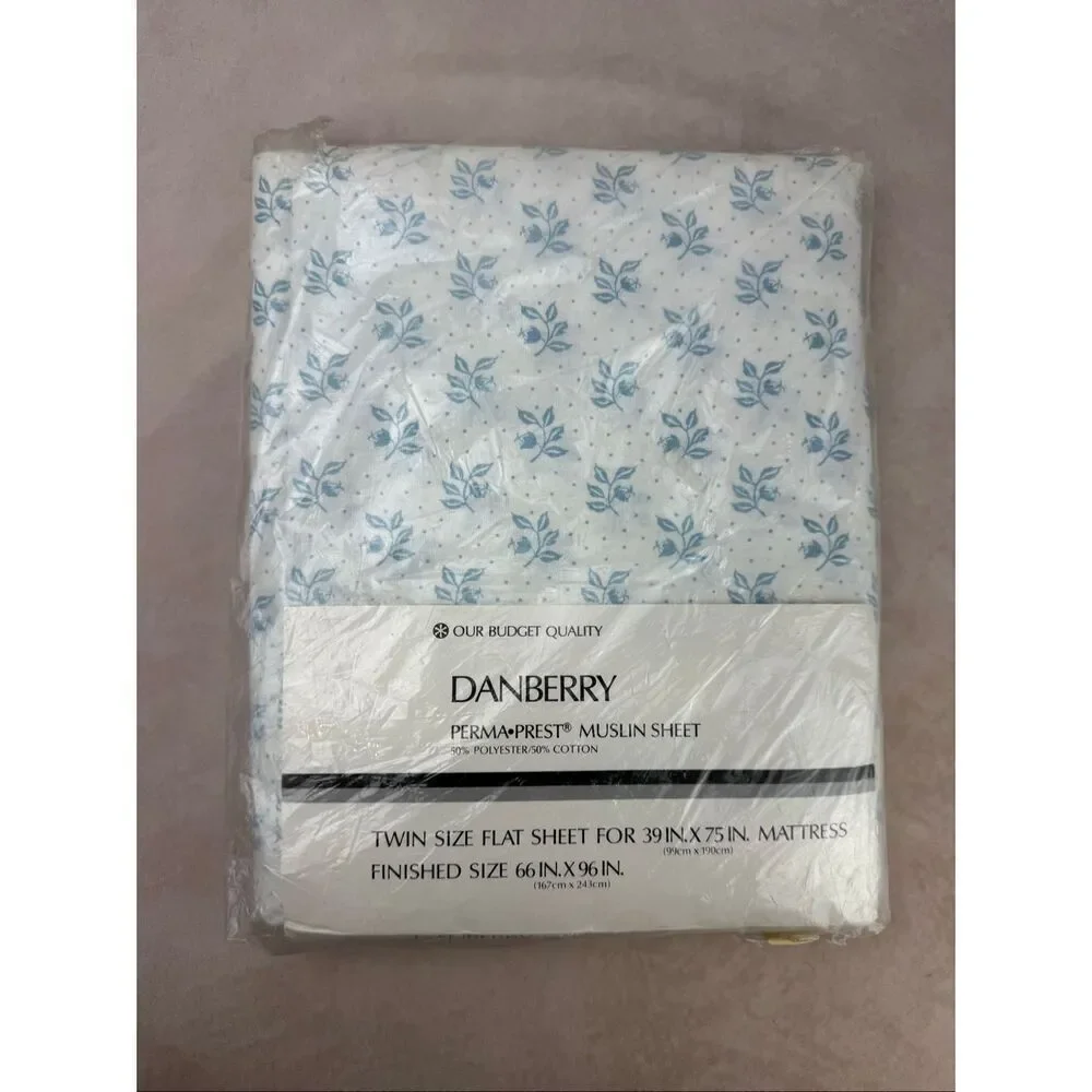 Vintage Twin Flat Sheet NOS Danberry Blue and White Floral Cottagecore